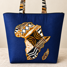Denim African Map Tote Bag – Blue Ankara Print Shoulder Bag