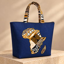 Denim African Map Tote Bag – Blue Ankara Print Shoulder Bag