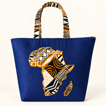 Denim African Map Tote Bag – Blue Ankara Print Shoulder Bag