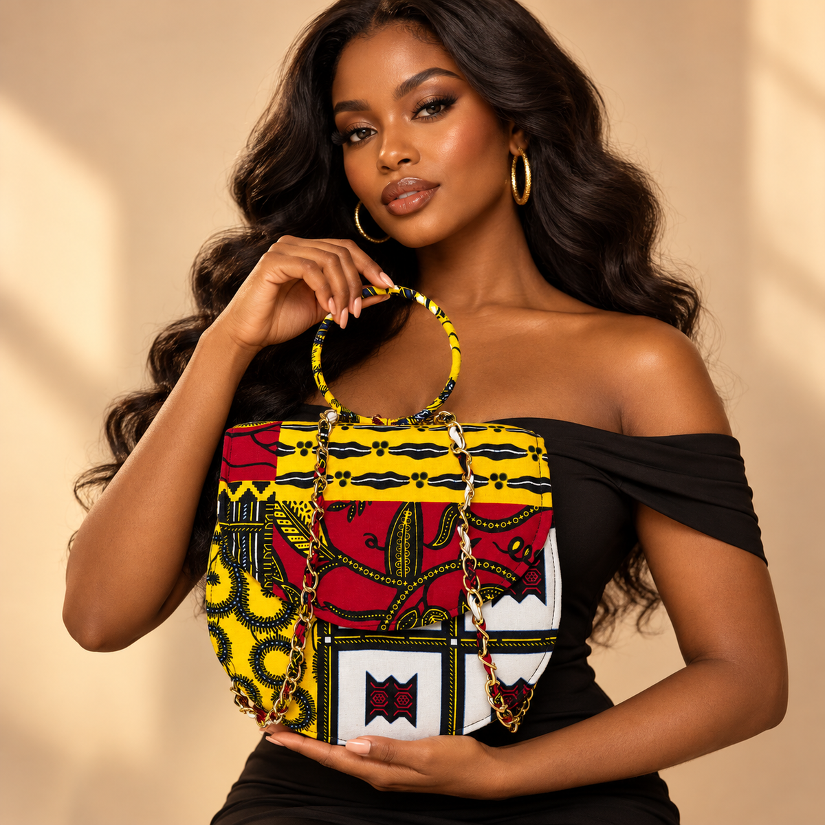ZAI African Print Ankara Handbag with Gold Chai