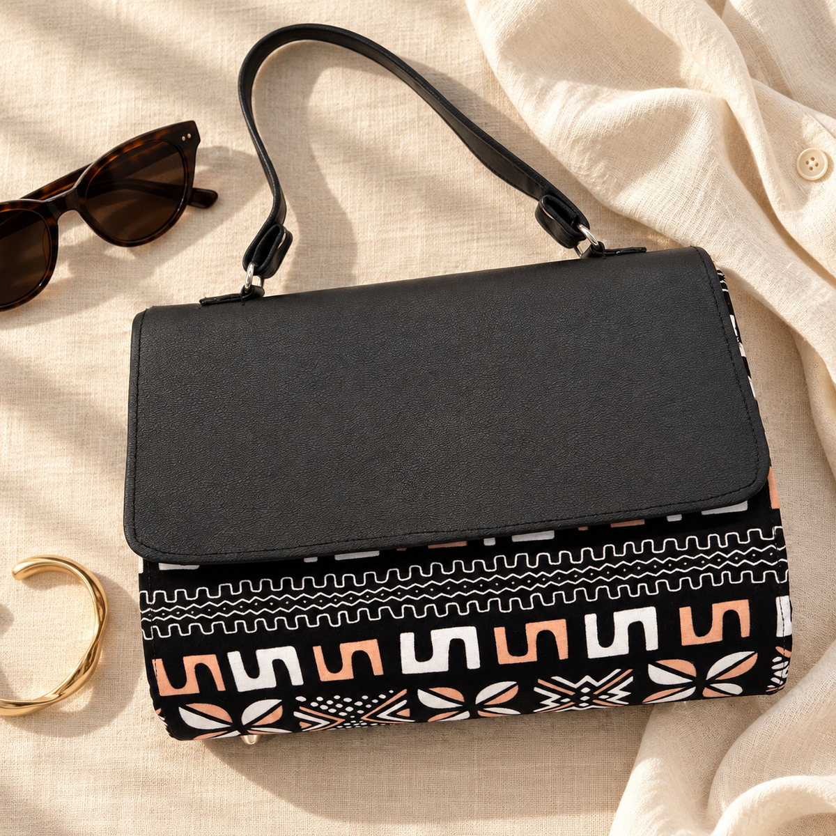 Hananie African Mudcloth Print Shoulder Handbag – Black