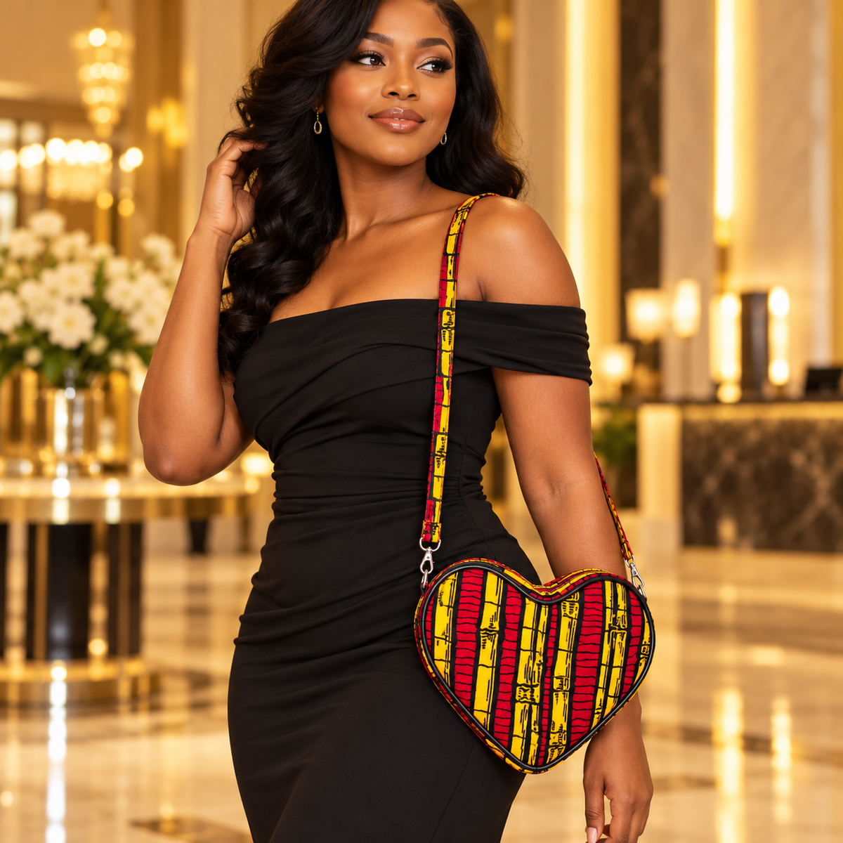 Diva Heart-Shaped African Print Crossbody Bag – Red &Yellow Kente Print