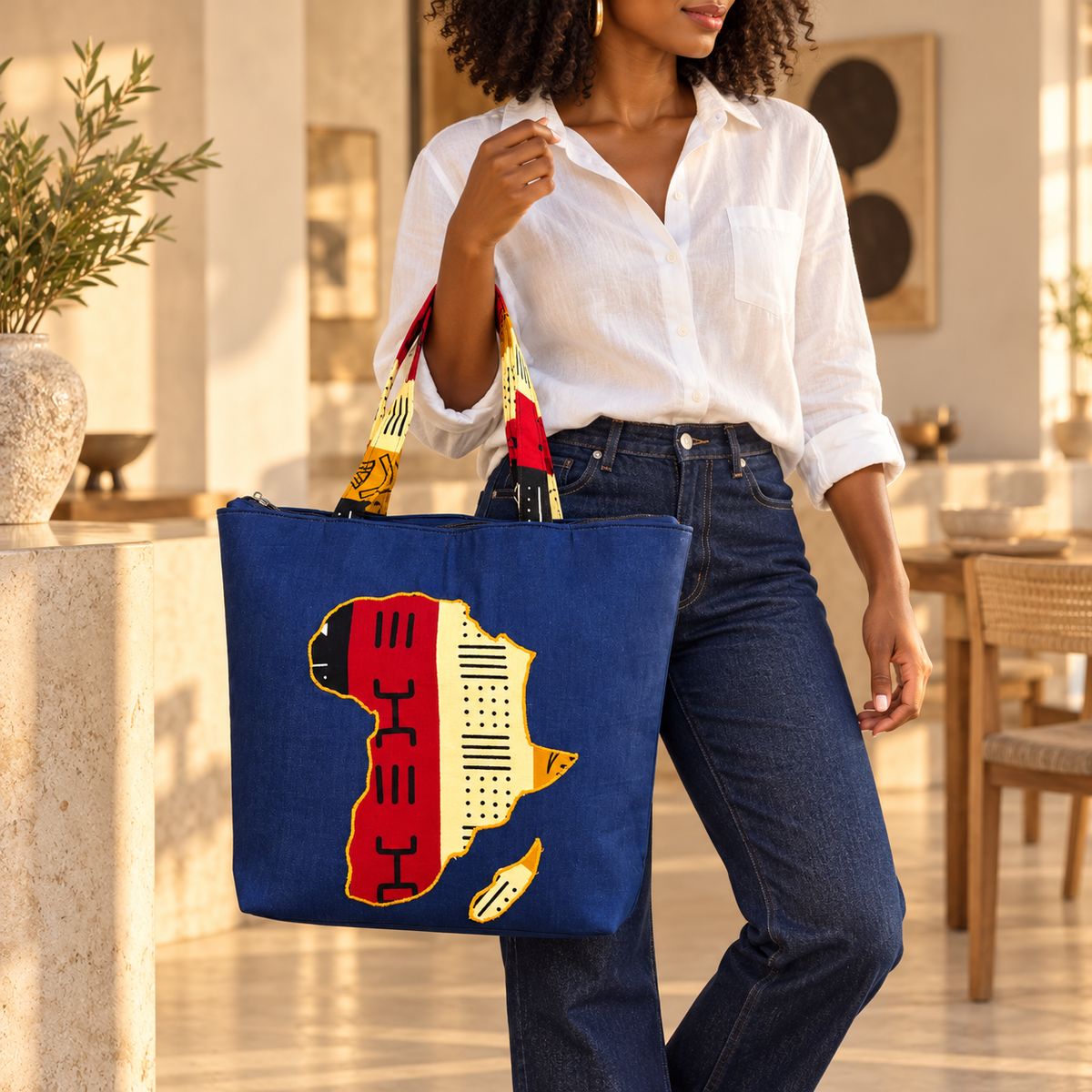 Denim African Map Tote Bag – Red &amp; Cream Ankara Design